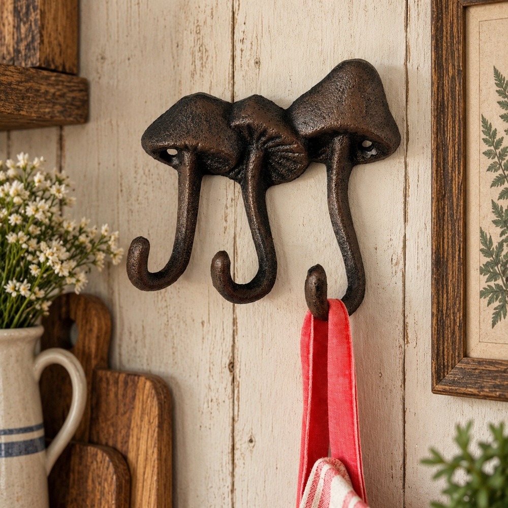 Cast Iron Mushroom Triple Wall Hook 4.5" Rustic Cottagecore Woodland Decor